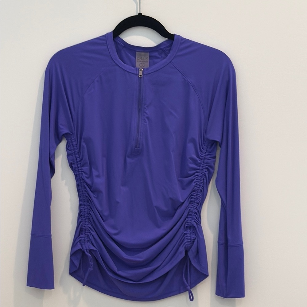 Blue Fitted Ruched Blouse with Mandarin Collar